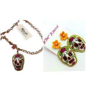 BETSEY JOHNSON SET Mexican Sugar Skull Dia de los Muertos Earrings Necklace NWT